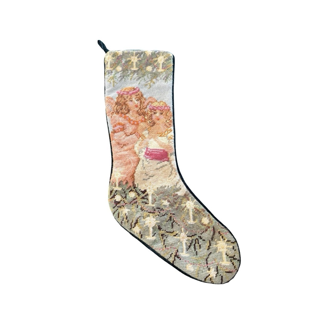 Needlepoint Christmas Stocking Angels candles Wool velvet‎ green